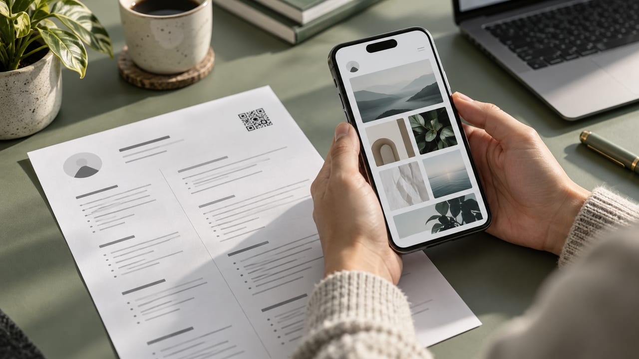 Ένα τηλέφωνο που σαρώνει έναν κωδικό QR στη γωνία ενός τυπωμένου βιογραφικού.