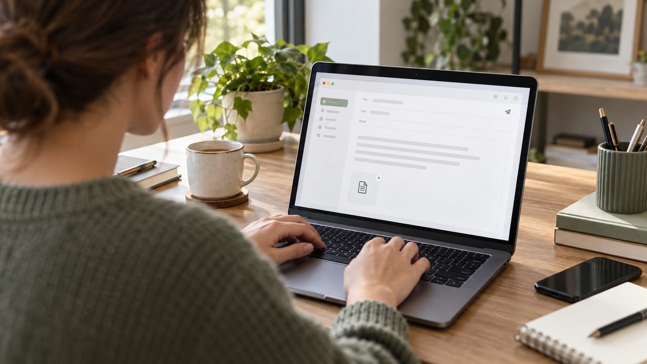 Ένα άτομο που συνθέτει ένα email εφαρμογής σε φορητό υπολογιστή.