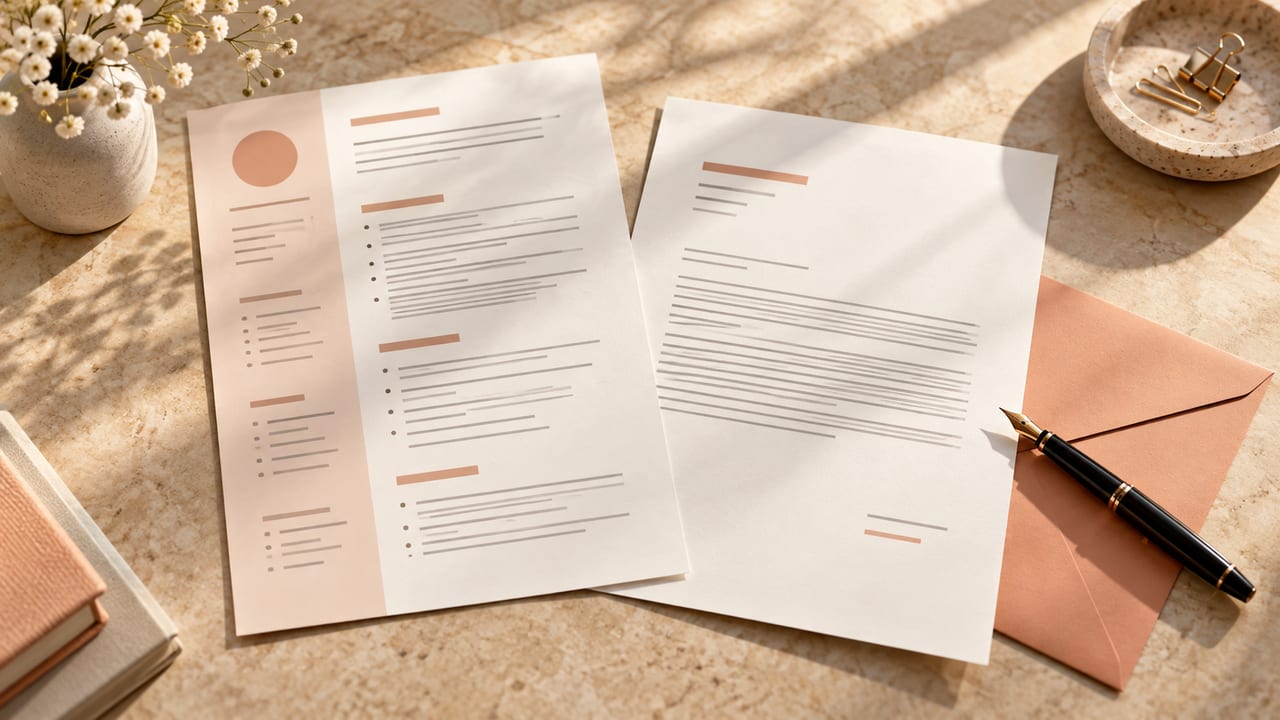 O scrisoare de intenție și un CV cu un plic și un stilou.